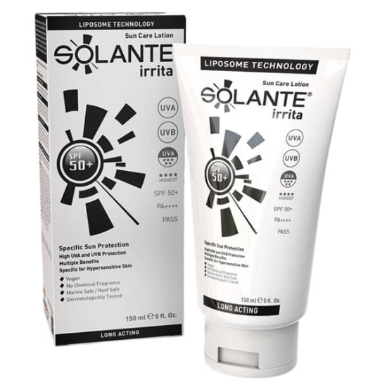 Solante Irrita SPF 50 150 ml güneş losyonu hassas tahriş ciltler için UVA UVB koruma parfümsüz parabensiz vegan- 1