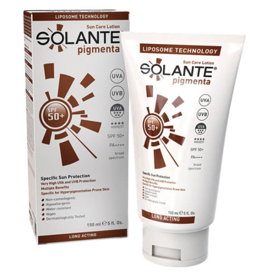 Solante Pigmenta SPF 50 150 ml güneş kremi losyon, UVA UVB yüksek koruma, suya dayanıklı, parfümsüz vegan- 1
