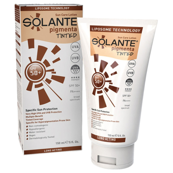 Solante Pigmenta Tinted SPF 50 150 ml renkli güneş kremi, hassas ciltler için UVA UVB koruma, leke karşıtı- 1