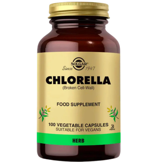 Solgar Chlorella 100 kapsül vegan bitkisel takviye, 3 kapsülde 1560 mg Chlorella vulgaris, şeker glüten soya süt içermez- 1