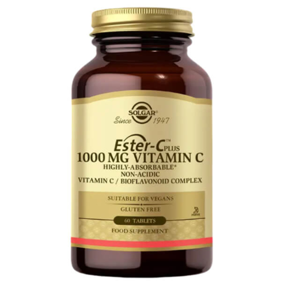 Solgar Ester C Plus 1000 mg 60 tablet C vitamini Ester-C kalsiyum L-askorbat, turunçgil bioflavonoid, kuşburnu, aserola, rutin- 1