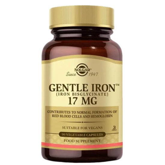 Solgar Gentle Iron 17 mg 90 bitkisel kapsül demir takviyesi ferroz bisglisinat içerir vegan uyumlu şişe- 1