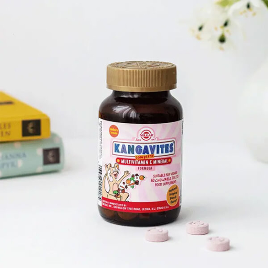 Solgar Kangavites Multivitamin Mineral 60 tablet tropikal aromalı çiğneme, 4+ çocuk, vegan; A B C D E, çinko demir- 2