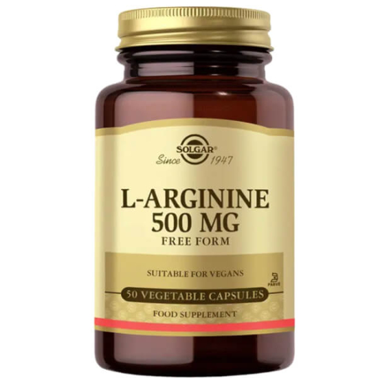 Solgar L-Arginine 500 mg 50 bitkisel kapsül, serbest form L-arjinin amino asit takviyesi, şeker tuz nişasta glüten içermez- 1