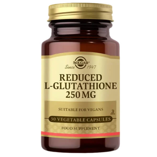 Solgar L-Glutathione Reduced 250 mg 30 bitkisel kapsül vegan takviye şeker tuz nişasta içermez glutatyon- 1