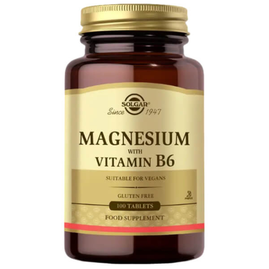 Solgar Magnesium Vitamin B6 100 tablet magnezyum 133,3 mg ve B6 8,3 mg vegan takviye edici gıda şişesi- 1