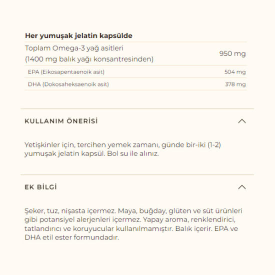 Solgar Omega 3 950 mg 100 softjel balık yağı takviyesi, kapsül başına 504 mg EPA ve 378 mg DHA içerir- 3