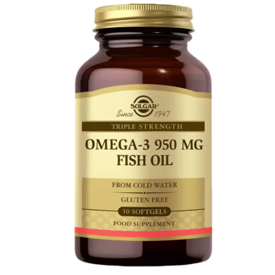 Solgar Omega 3 950 mg 50 yumuşak kapsül balık yağı takviyesi 504 mg EPA 378 mg DHA içeren ürün kutusu- 1
