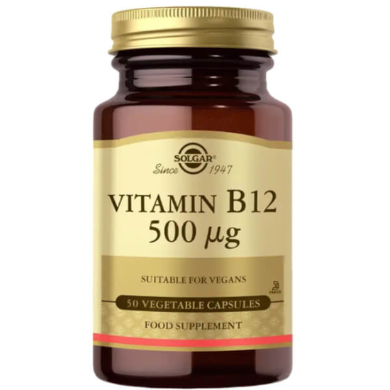 Solgar Vitamin B12 500 mcg 50 tablet takviye, bitkisel kapsül, siyankobalamin, şeker tuz nişasta içermez vegan- 1