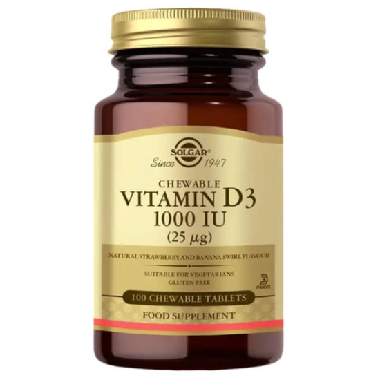 Solgar Vitamin D3 1000 IU 100 çiğnenebilir tablet çilek muz aromalı D3 kolekalsiferol 25 mcg takviye- 1