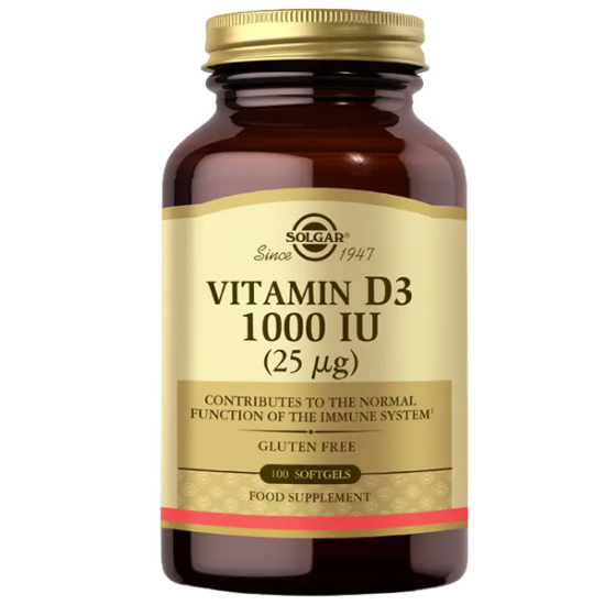 Solgar Vitamin D3 1000 IU 100 yumuşak kapsül, 25 mcg kolekalsiferol, şeker nişasta içermez, balık içerir- 1