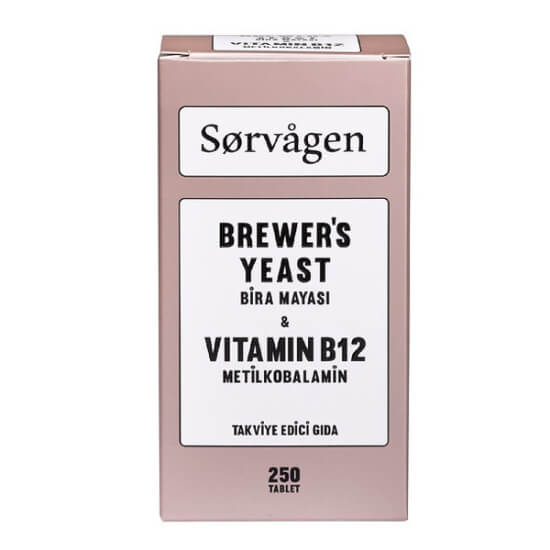 Sorvagen Brewers Yeast Vitamin B12 250 tablet, 3 tablette 1500 mg bira mayası ve 3 mcg B12, vegan helal formül- 1