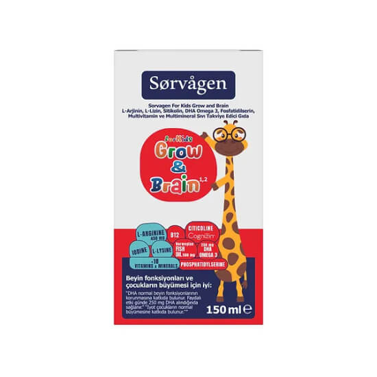 Sorvagen Grow Brain For Kids sıvı 150 ml çocuk takviyesi, L-arjinin, sitikolin, DHA omega 3, çinko, B12 içerir- 1