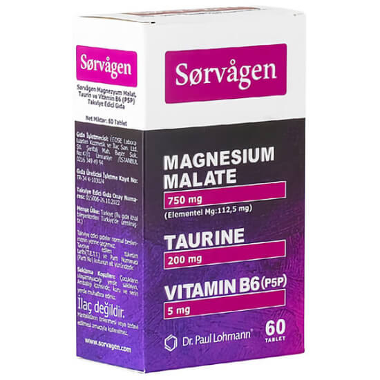 Sorvagen Magnezyum Malat Taurin Vitamin B6 60 tablet 112,5 mg magnezyum 200 mg taurin 5 mg B6 P5P- 1