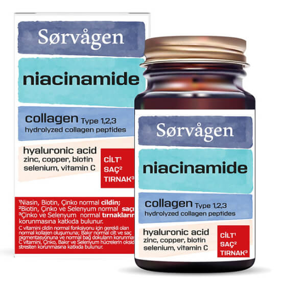 Sorvagen Niacinamide Collagen Hyaluronic Acid 60 tablet 1500 mg kolajen peptitleri 120 mg hyaluronik asit- 1