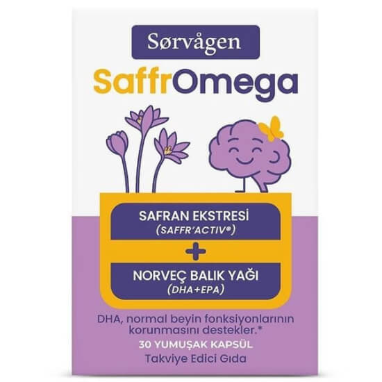 Sorvagen Saffr Omega safran ve Omega-3 takviyesi 30 yumuşak kapsül kutu, SaffrActiv safran ekstresi DHA EPA- 1