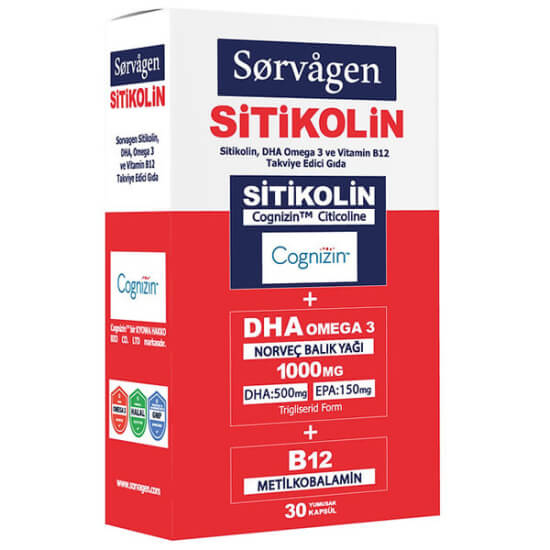 Sorvagen Smart Sitikolin DHA Omega 3 30 yumuşak kapsül, 125 mg Cognizin sitikolin, 1000 mg Norveç balık yağı, DHA EPA, B12- 1