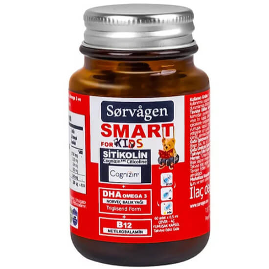 Sorvagen Smart Kids Sitikolin DHA 0,5 ml x 60 adet; 440 mg balık yağı, 220 mg DHA, 60 mg sitikolin, B12- 1