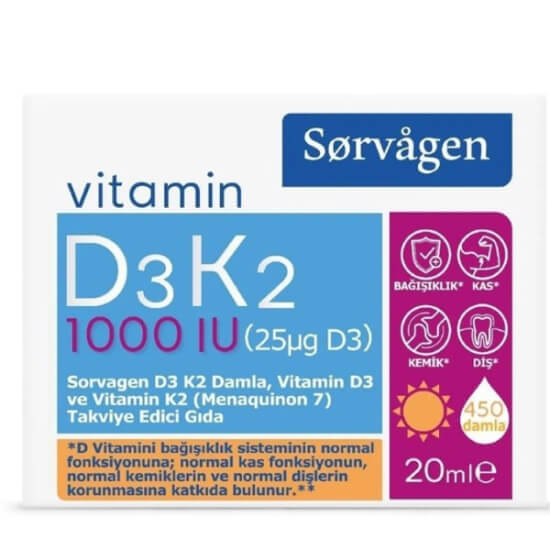 Sorvagen Vitamin D3 K2 damla 20 ml 450 damla 1 damlada 1000 IU 25 µg D3 ve 11,25 µg K2 MK-7 11+ yaş- 1