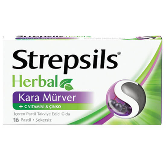 Strepsils Herbal kara mürver aromalı 16 pastil şekersiz C vitamini çinko beta glukan içerikli boğaz pastili- 1
