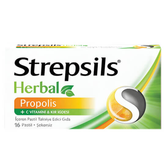 Strepsils Herbal Propolis aromalı 16 pastil kutusu, propolis adaçayı kır iğdesi ve C vitamini destekli şeker ilavesiz- 1