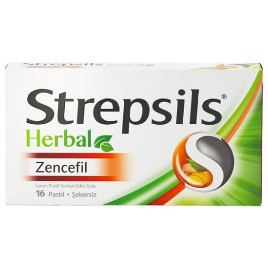 Strepsils Herbal zencefil aromalı 16 pastil kutusu şeker içermez zencefil kekik adaçayı içerikli pastil- 1