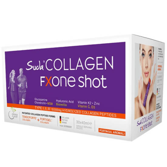 Suda Collagen Fxone Shot portakal aromalı 30x40 ml sıvı kolajen, Tip I II III kolajen, C vitamini, hyaluronik asit- 1