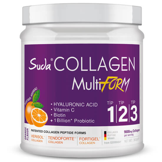 Suda Collagen Multiform portakal aromalı 360 g kolajen tozu; 9600 mg hidrolize kolajen peptit, C vitamini, hyaluronik asit- 1