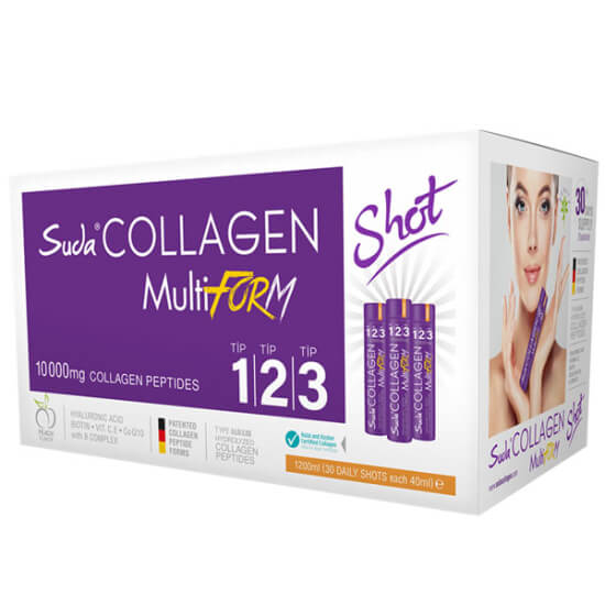 Suda Collagen Multiform Şeftali 30 Shot şeftali aromalı; 10000 mg hidrolize kolajen, 100 mg hyaluronik asit- 1