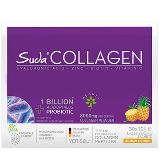 Suda Collagen Probiotic Pineapple 10 gr 30 saşe toz; 8000 mg tip I-III kolajen, C vitamini, probiyotik, biotin- 1