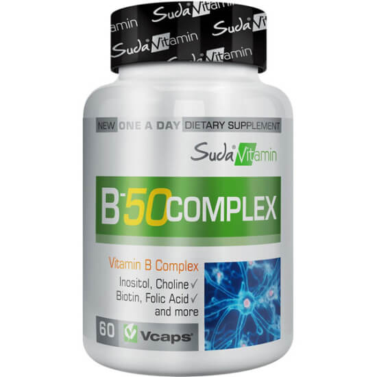 Suda Vitamin B 50 Complex 60 bitkisel kapsül, B1 B2 B3 B5 50 mg, B6 10 mg, folik asit 400 mcg, B12 50 mcg- 1