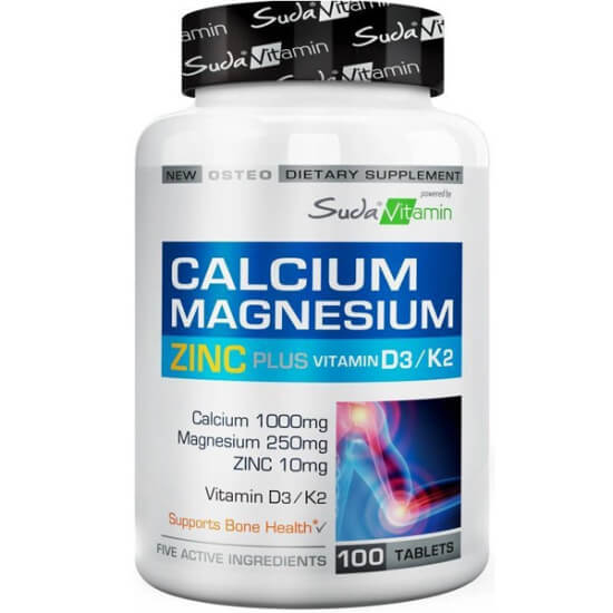 Suda Vitamin Calcium Magnesium Zinc Plus 100 Tablet; kalsiyum 1000 mg, magnezyum 250 mg, çinko 10 mg, D3 ve K2- 1