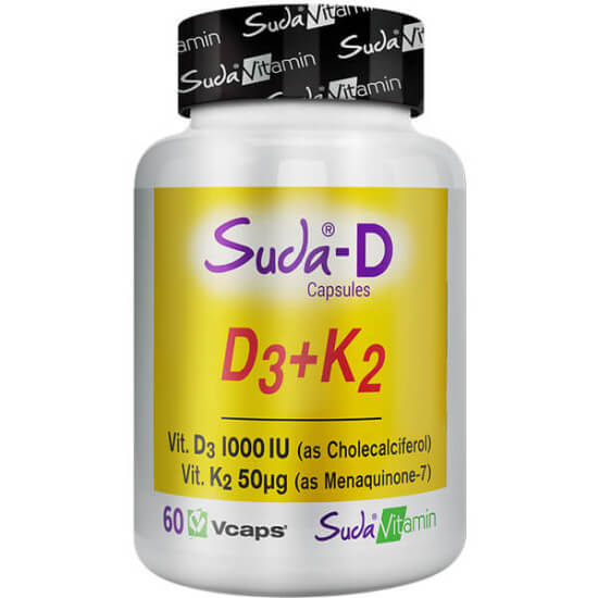 Suda Vitamin D3 K2 60 kapsül bitkisel takviye, her kapsülde 1000 IU D3 ve 50 µg K2, kutu ürün görseli- 1