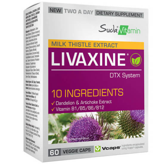 Suda Vitamin Livaxine 60 kapsül takviye, deve dikeni ekstresi %80 silymarin 400 mg, karahindiba 120 mg, B1 B6 B12- 1