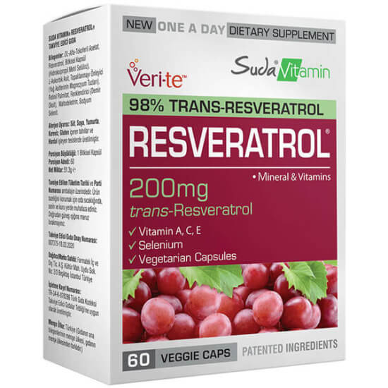 Suda Vitamin Resveratrol 60 kapsül 200 mg trans-resveratrol vitamin C E A ve selenyum içeren antioksidan takviye- 1
