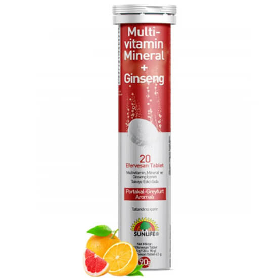 Sunlife Multivitamin Mineral Ginseng 20 suda eriyen tablet, B6 B12 C E, folik asit, magnezyum kalsiyum, 10 mg ginseng- 1