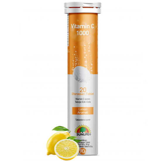 Sunlife Vitamin C 1000 mg C vitamini takviyesi 20 efervesan tablet 1000 mg vitamin C içeren kutu- 1