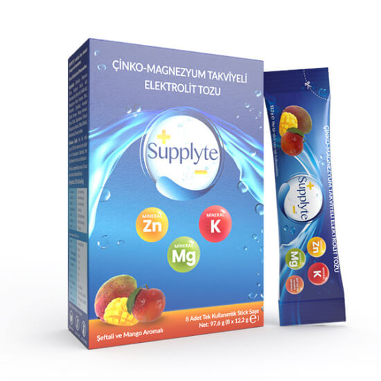 Supplyte şeftali mango aromalı elektrolit saşe 8 adet, 7,5 mg çinko ve 250 mg magnezyum içerir- 1