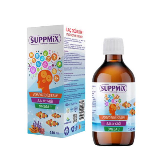 Suppmix Fosfatidilserin Omega 3 şurup 150 ml, EPA ve DHA destekli omega 3 balık yağı takviyesi şişe görseli- 1