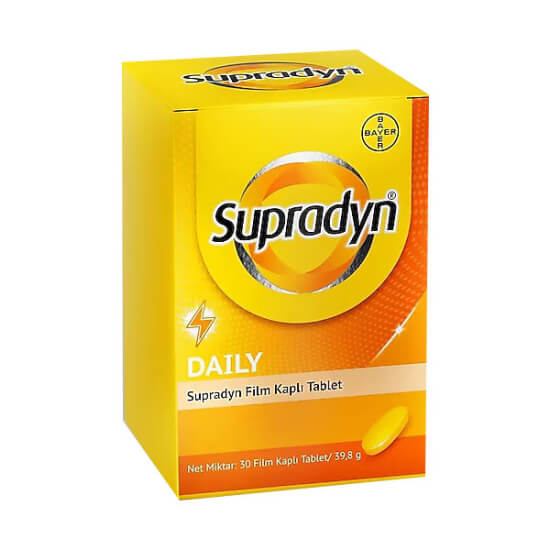 Supradyn Daily 30 tablet gıda takviyesi kutusu, 13 vitamin 9 mineral ve 4,5 mg Koenzim Q10 içeren multivitamin- 1