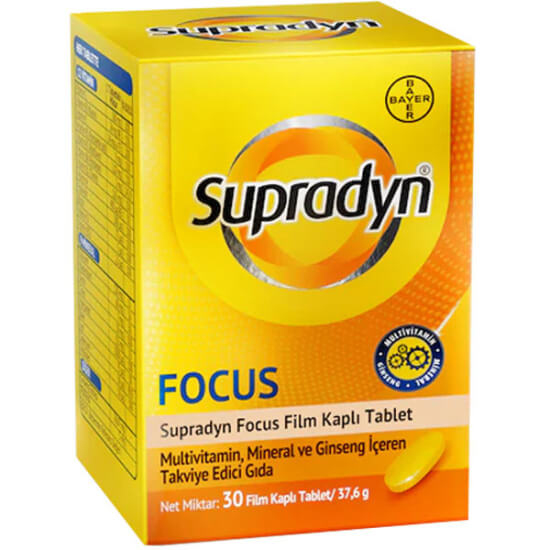 Supradyn Energy Focus 30 film kaplı tablet multivitamin kutusu, 160 mg C vitamini ve 24 mg E vitamini içerir- 1