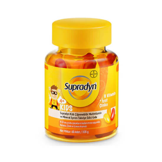 Supradyn Kids Multivitamin 60 tablet çiğnenebilir draje 4-10 yaş çocuklar için C 48 mg D 2,49 µg çinko 1,5 mg- 1