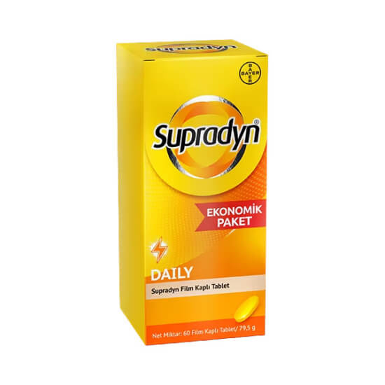 Supradyn Koenzim Q10 60 tablet vitamin takviyesi kutusu C vitamini 80 mg magnezyum 80 mg koenzim Q10 4,5 mg- 1