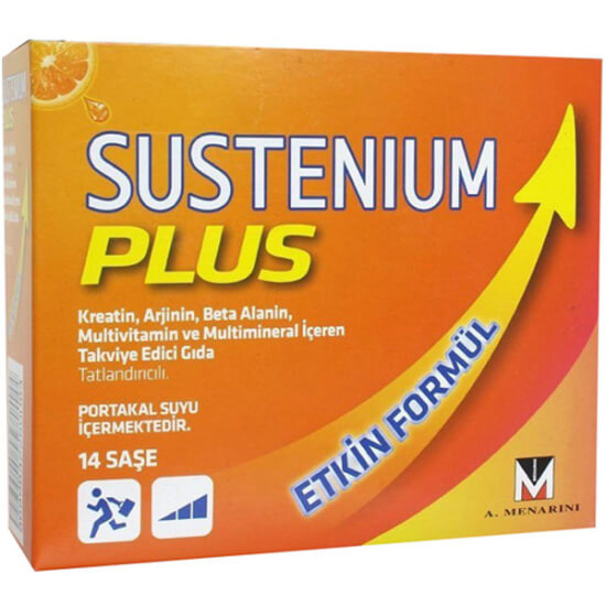 Sustenium Plus 14 saşe gıda takviyesi kutusu, magnezyum 200 mg, C vitamini 80 mg, B1 2 mg, çinko 6 mg- 1