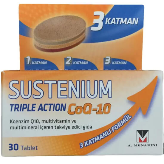 Sustenium Triple Action CoQ10 30 tablet takviye gıda kutusu, Koenzim Q10 10 mg, C vitamini 80 mg, resveratrol- 1