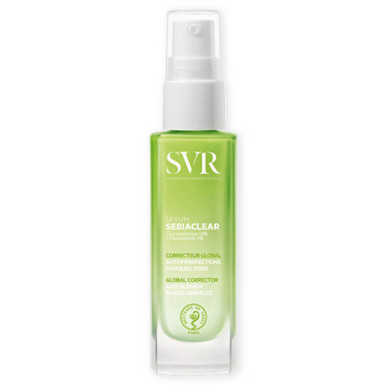 SVR Sebiaclear Serum 30 ml şişe kutu, niacinamide, gluconolactone, hyaluronik asit içerikli cilt serumu- 1