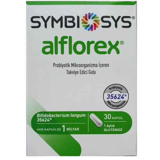 Symbiosys Alflorex probiyotik 30 kapsül kutusu Bifidobacterium longum 35624 1 milyar canlı hücre gluten içermez- 1