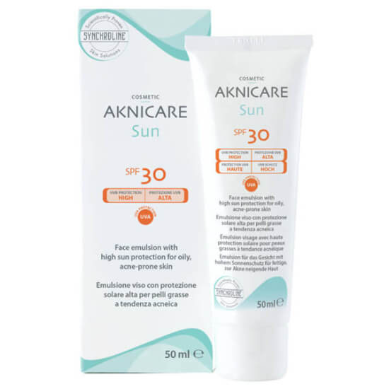 Synchroline Aknicare Sun SPF 30 50 ml renksiz güneş kremi yağlı akneli ciltler için hyalüronik asit oil free- 1