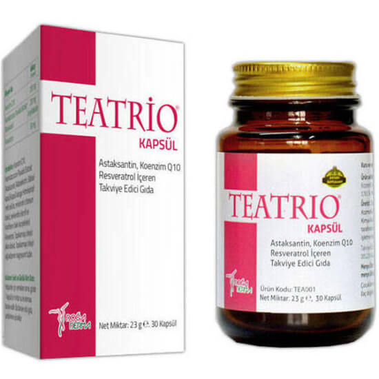 Teatrio 30 kapsül gıda takviyesi kutusu, Koenzim Q10 200 mg Resveratrol 60 mg Astaxanthin 4 mg içeren ürün- 1