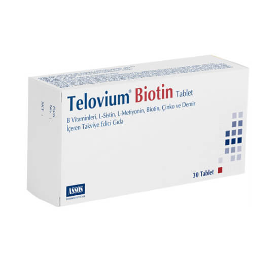 Telovium Biotin 30 tablet 2500 µg biotin, 200 mg sistin, 200 mg metiyonin, 60 mg C vitamini, çinko ve demir- 1